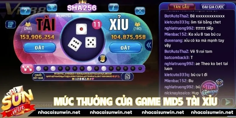 Mức thưởng của game MD5 tài xỉu